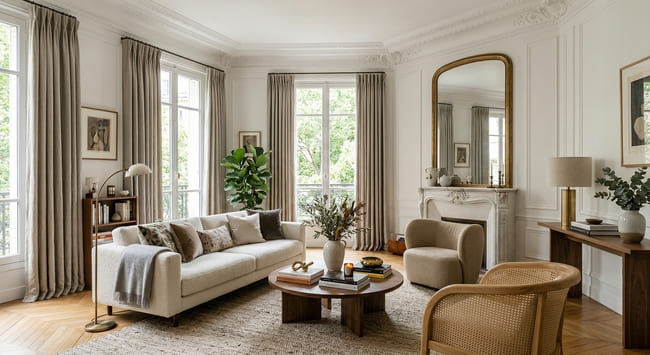 Salon élégant avec carrelage et moulure en staff